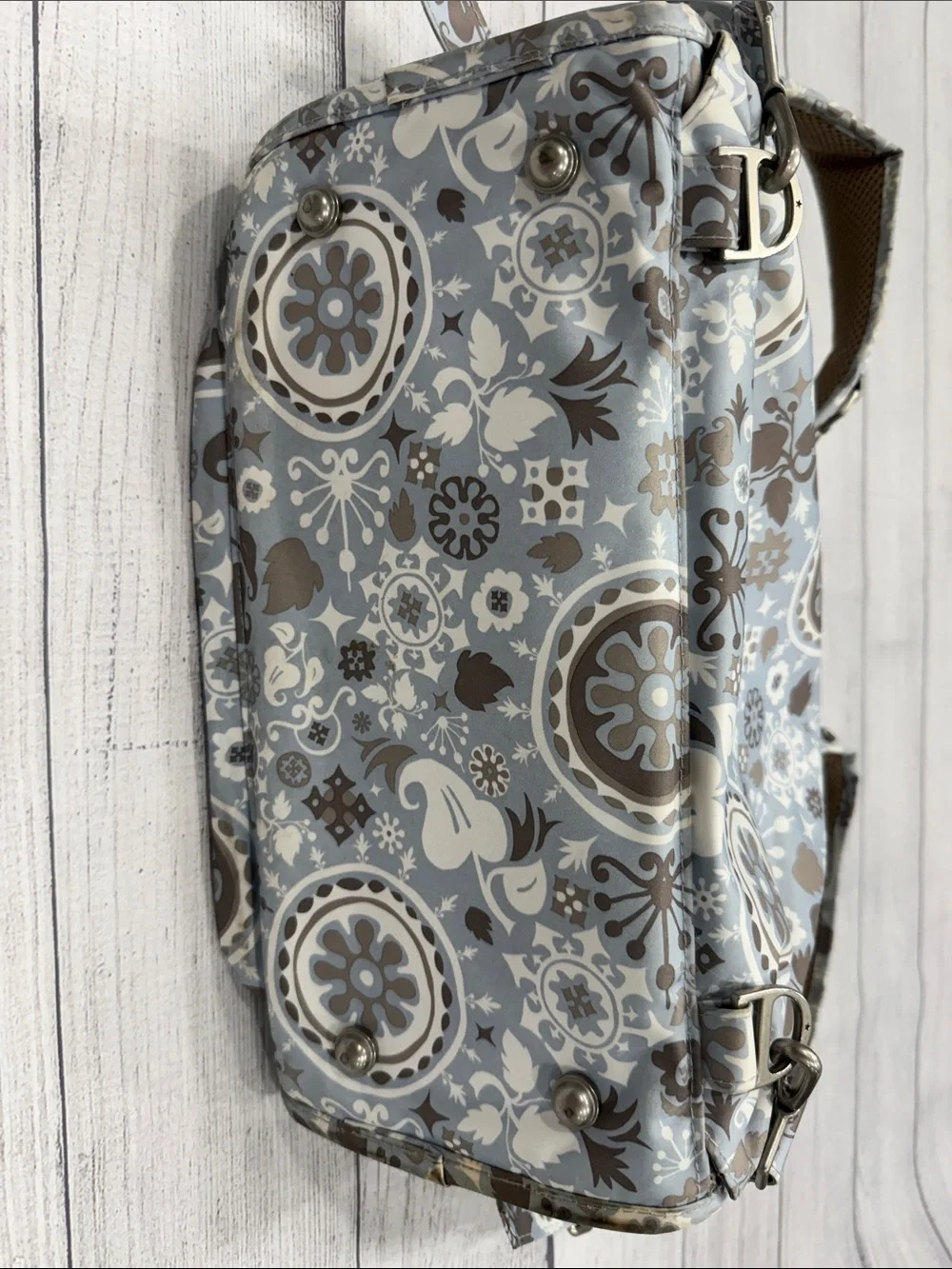 Ju-Ju-Be Light Blue Taupe Floral Diaper Bag Backpack with Changing Pad